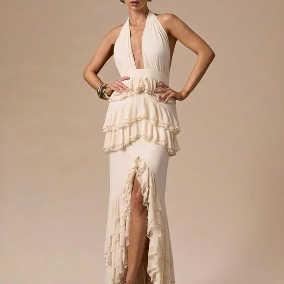 Apricot Sexy Women's Deep V-Neck Fitted Elegant Ruffle Hem Dress - Picture 3 of 7